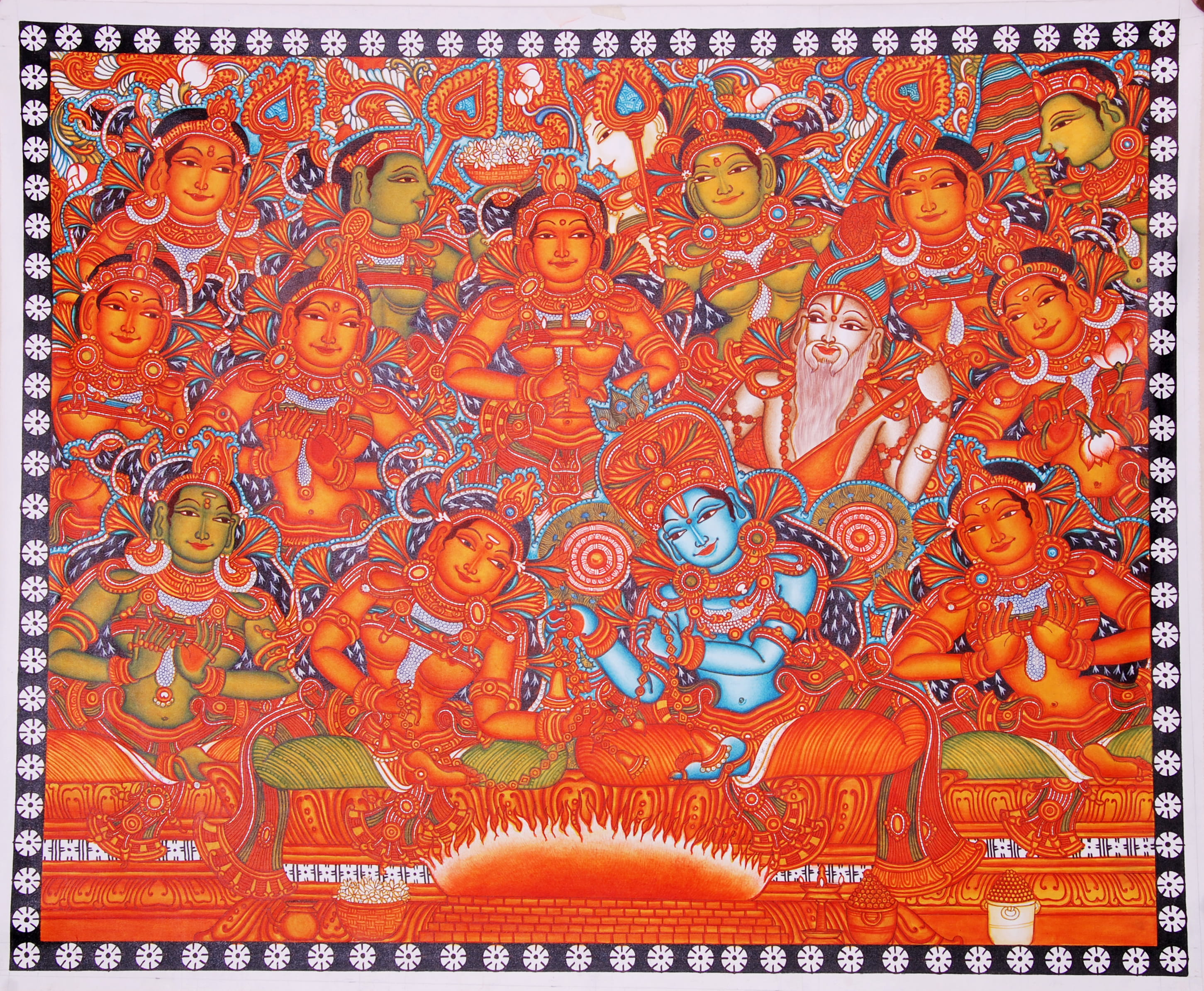 The Sacred Wedding: Lord Krishna and Rukmini’s Celestial Vivaha in Kerala Mural Style